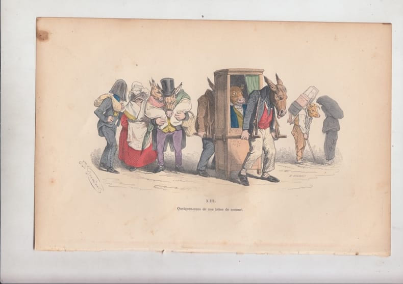 LES METAMORPHOSES DU JOUR (ou les Hommes &agrave; t&ecirc;tes de B&ecirc;tes.) : GRAVURE ANCIENNE COULEURS CARICATURE - QUELQUES-UNES DE NOS BETES DE SOMME. GRANDVILLE ...