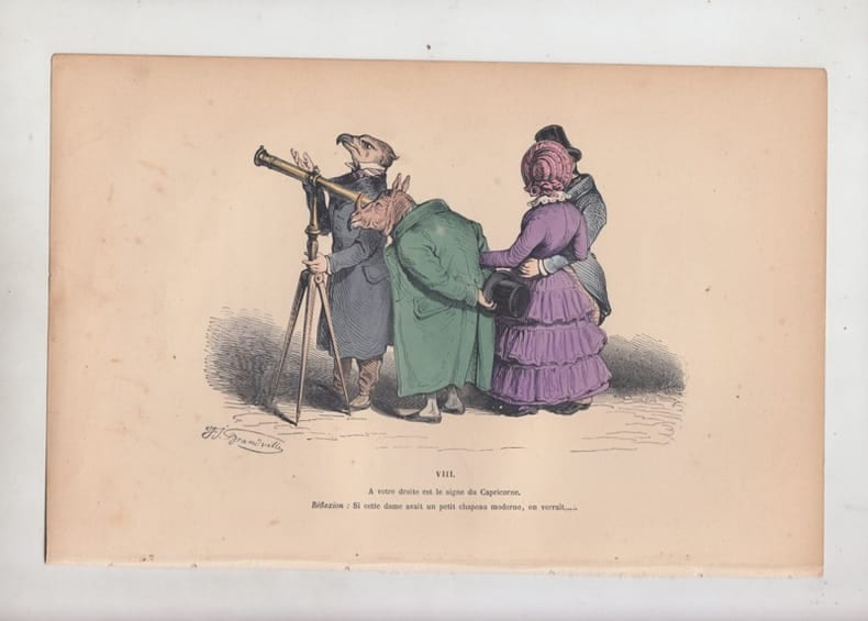 LES METAMORPHOSES DU JOUR : GRAVURE ANCIENNE COULEURS CARICATURE - "A votre droite est le signe du Capricorne, r&eacute;flexion : si cette dame avait un ...