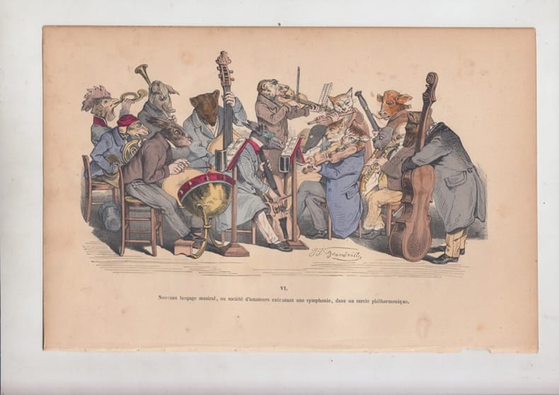 LES METAMORPHOSES DU JOUR : GRAVURE ANCIENNE COULEURS CARICATURE - Nouveau langage musical..... . GRANDVILLE (Jean-Ignace-Isidore G&eacute;rard, dit).
