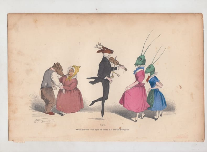 LES METAMORPHOSES DU JOUR (ou les Hommes &agrave; t&ecirc;tes de B&ecirc;tes.) : GRAVURE ANCIENNE COULEURS CARICATURE - OSCAR DONNANT UNE LECON DE DANSE A......;. ...
