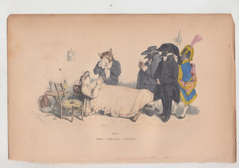 LES METAMORPHOSES DU JOUR (ou les Hommes &agrave; t&ecirc;tes de B&ecirc;tes.) : GRAVURE ANCIENNE COULEURS CARICATURE - Mis&egrave;re- hypocrisie- convoitise. GRANDVILLE ...