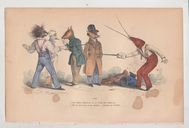 LES METAMORPHOSES DU JOUR : GRAVURE ANCIENNE COULEURS CARICATURE - QUE DIABLE ,MONSIEUR....(DUEL). GRANDVILLE (Jean-Ignace-Isidore G&eacute;rard, dit).