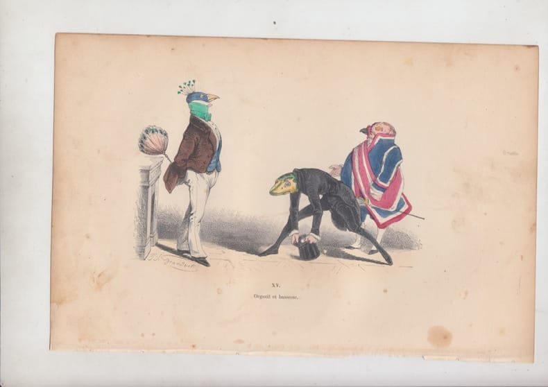 LES METAMORPHOSES DU JOUR (ou les Hommes &agrave; t&ecirc;tes de B&ecirc;tes.) : GRAVURE ANCIENNE COULEURS CARICATURE - ORGEUIL ET BASSESSE. GRANDVILLE ...