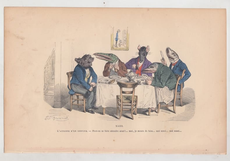 LES METAMORPHOSES DU JOUR : GRAVURE ANCIENNE COULEURS CARICATURE - L'ATTENTE D'UN CONVIVE. GRANDVILLE (Jean-Ignace-Isidore G&eacute;rard, dit).