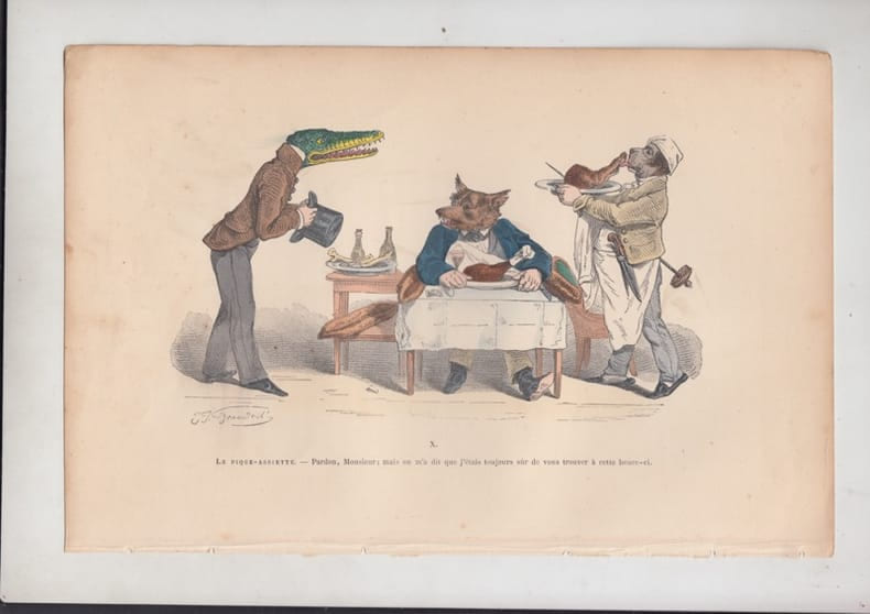 LES METAMORPHOSES DU JOUR : GRAVURE ANCIENNE COULEURS CARICATURE - LE PIQUE - ASSIETTE... GRANDVILLE (Jean-Ignace-Isidore G&eacute;rard, dit).