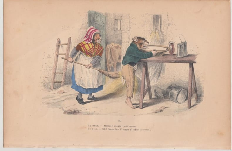 LES METAMORPHOSES DU JOUR : GRAVURE ANCIENNE COULEURS CARICATURE - La m&egrave;re - attends,attends !! petit matou. GRANDVILLE (Jean-Ignace-Isidore G&eacute;rard, ...