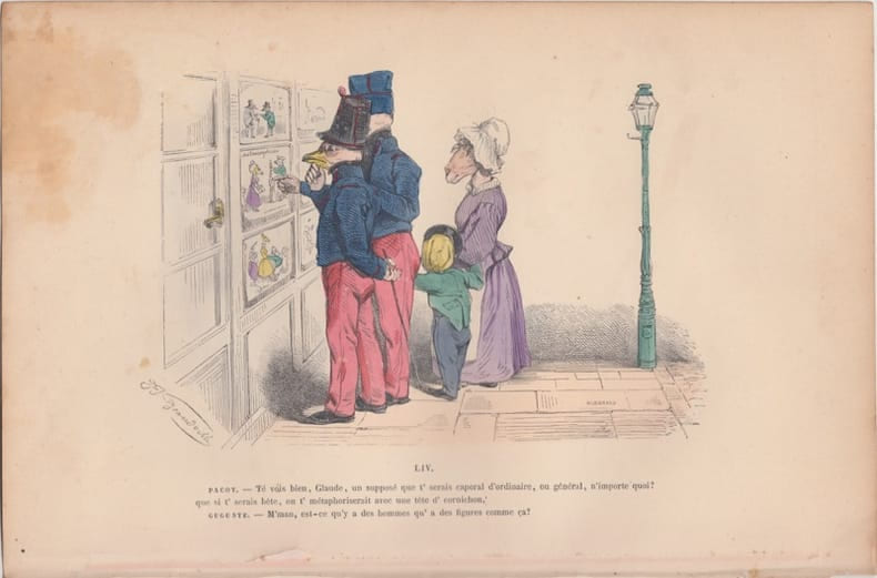 LES METAMORPHOSES DU JOUR : GRAVURE ANCIENNE COULEURS CARICATURE - PACOT.- tu vois.......... GRANDVILLE (Jean-Ignace-Isidore G&eacute;rard, dit).