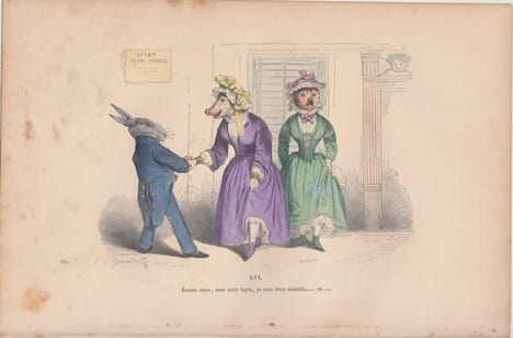LES METAMORPHOSES DU JOUR : GRAVURE ANCIENNE COULEURS CARICATURE - Ecoute donc, mon petit lapin... je suis bien aimable; va ;. GRANDVILLE ...