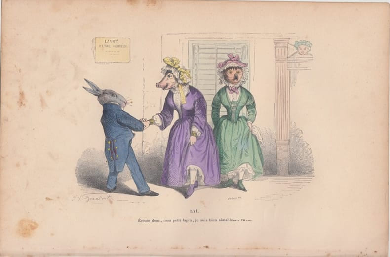 LES METAMORPHOSES DU JOUR : GRAVURE ANCIENNE COULEURS CARICATURE - Ecoute donc, mon petit lapin... je suis bien aimable; va ;. GRANDVILLE ...