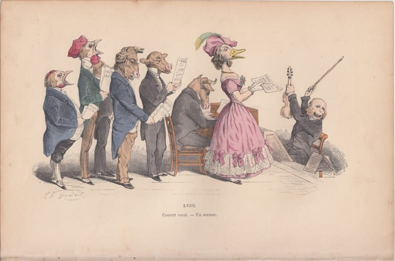 LES METAMORPHOSES DU JOUR : GRAVURE ANCIENNE COULEURS CARICATURE - Concert Vocal - un sextuor.. GRANDVILLE (Jean-Ignace-Isidore G&eacute;rard, dit).