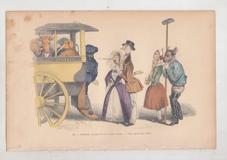 LES METAMORPHOSES DU JOUR : GRAVURE ANCIENNE COULEURS CARICATURE - OMNIBUS....... GRANDVILLE (Jean-Ignace-Isidore G&eacute;rard, dit).