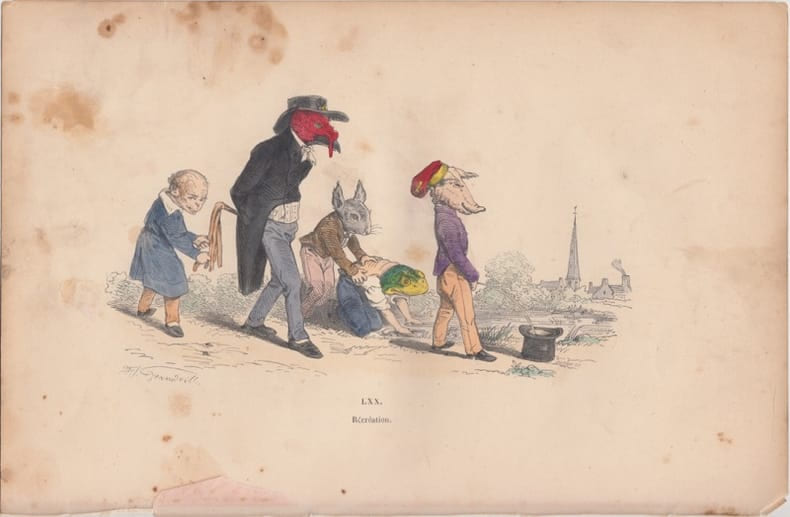 LES METAMORPHOSES DU JOUR : GRAVURE ANCIENNE COULEURS CARICATURE - R&eacute;cr&eacute;ation. GRANDVILLE (Jean-Ignace-Isidore G&eacute;rard, dit).