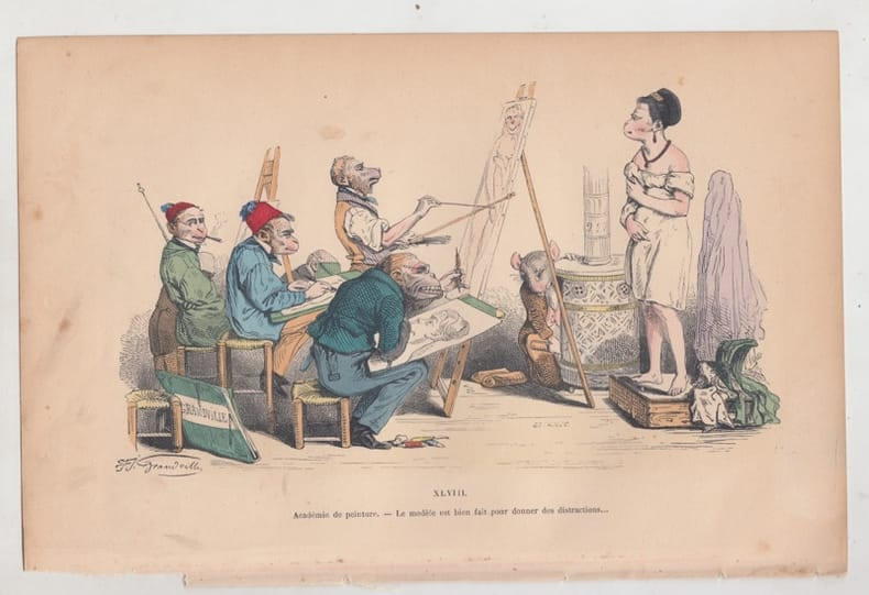 LES METAMORPHOSES DU JOUR : GRAVURE ANCIENNE COULEURS CARICATURE - Acad&eacute;mie de peinture. GRANDVILLE (Jean-Ignace-Isidore G&eacute;rard, dit).