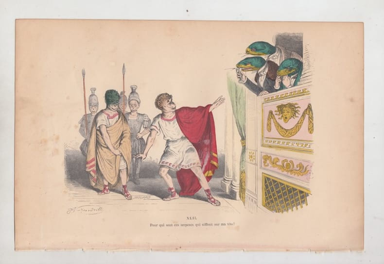 LES METAMORPHOSES DU JOUR : GRAVURE ANCIENNE COULEURS CARICATURE - Pour qui sont ces serpents....... GRANDVILLE (Jean-Ignace-Isidore G&eacute;rard, dit).