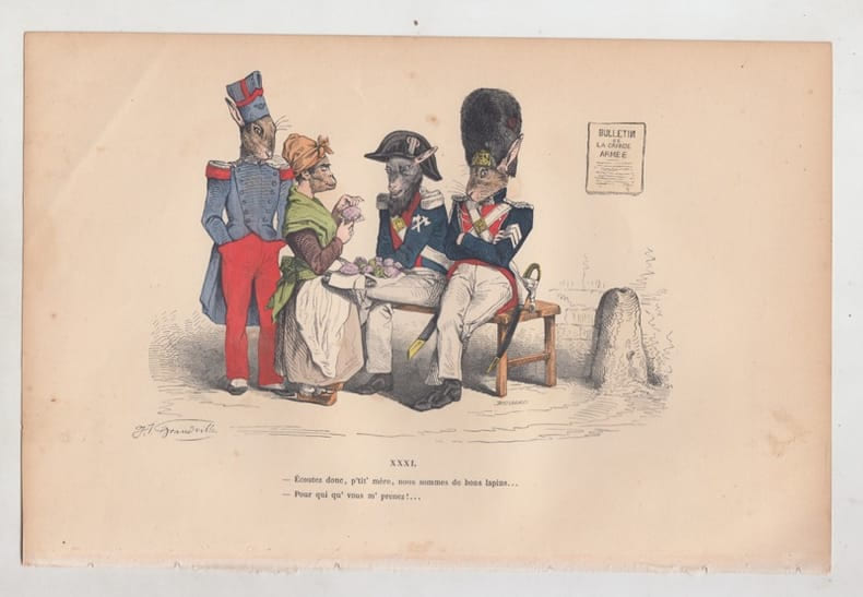 LES METAMORPHOSES DU JOUR : GRAVURE ANCIENNE COULEURS CARICATURE - Ecoute donc, p'tit m&egrave;re.;. GRANDVILLE (Jean-Ignace-Isidore G&eacute;rard, dit).