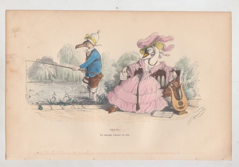 LES METAMORPHOSES DU JOUR : GRAVURE ANCIENNE COULEURS CARICATURE - Un mariage suivant les lois.. GRANDVILLE (Jean-Ignace-Isidore G&eacute;rard, dit).