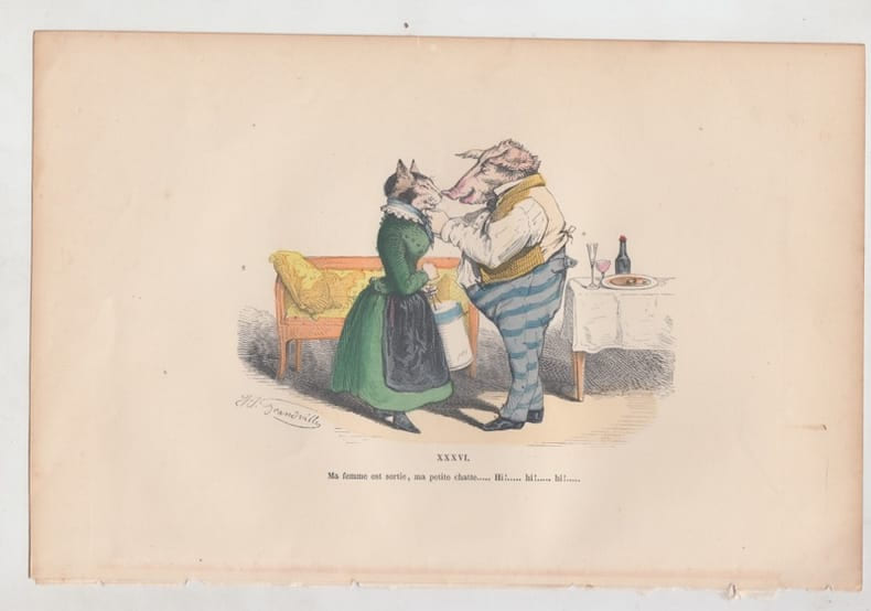 LES METAMORPHOSES DU JOUR : GRAVURE ANCIENNE COULEURS CARICATURE - Ma femme est sortie..... GRANDVILLE (Jean-Ignace-Isidore G&eacute;rard, dit).