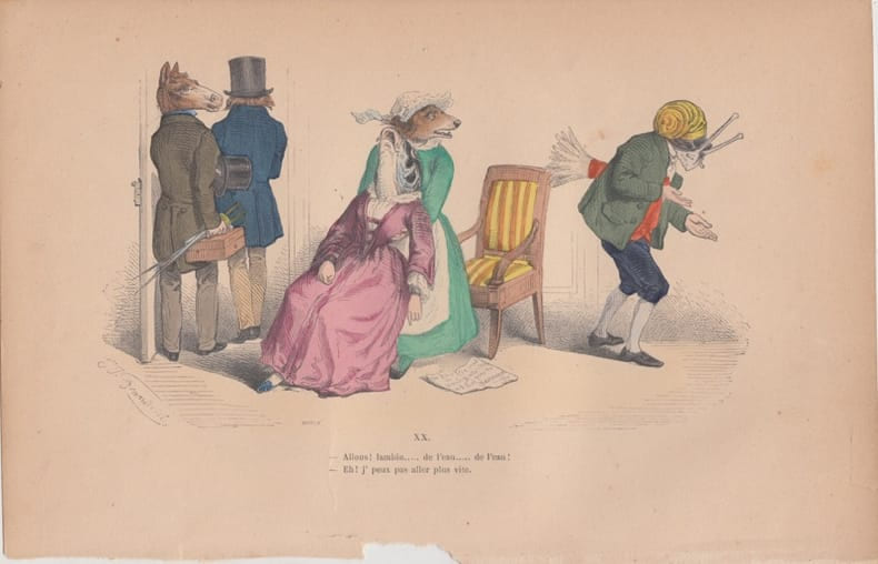 LES METAMORPHOSES DU JOUR : GRAVURE ANCIENNE COULEURS CARICATURE - Allons ! lambin.., de l'eau... de l'eau !. GRANDVILLE (Jean-Ignace-Isidore G&eacute;rard, ...