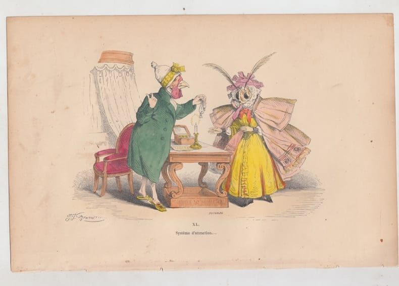 LES METAMORPHOSES DU JOUR : GRAVURE ANCIENNE COULEURS CARICATURE - Syst&egrave;me d'attriction.... GRANDVILLE (Jean-Ignace-Isidore G&eacute;rard, dit).