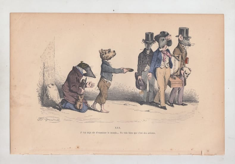 LES METAMORPHOSES DU JOUR : GRAVURE ANCIENNE COULEURS CARICATURE - J' t ai d&eacute;ja dit d'examiner le monde..... GRANDVILLE (Jean-Ignace-Isidore G&eacute;rard, ...