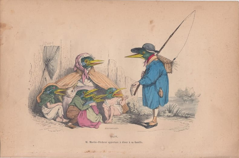 LES METAMORPHOSES DU JOUR : GRAVURE ANCIENNE COULEURS CARICATURE - M.Martin- Pecheur apportant &agrave; diner &agrave; sa famille.. GRANDVILLE (Jean-Ignace-Isidore ...
