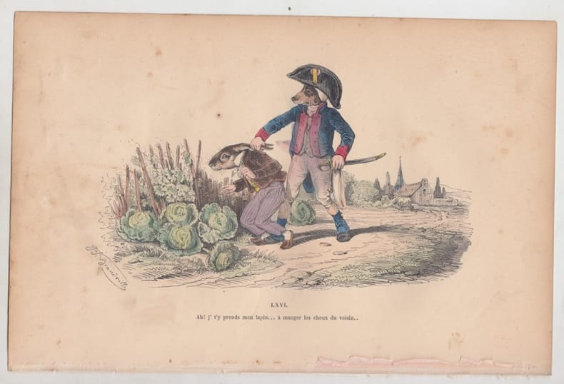 LES METAMORPHOSES DU JOUR : GRAVURE ANCIENNE COULEURS CARICATURE - Ah! j' ty prends mon lapin.... GRANDVILLE (Jean-Ignace-Isidore G&eacute;rard, dit).
