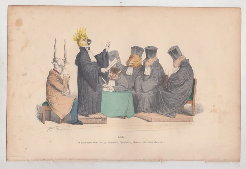 LES METAMORPHOSES DU JOUR : GRAVURE ANCIENNE COULEURS CARICATURE - Et dans cette demande de s&eacute;paration......;. GRANDVILLE (Jean-Ignace-Isidore G&eacute;rard, ...