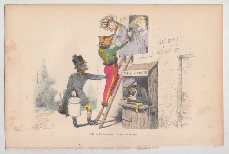 LES METAMORPHOSES DU JOUR : GRAVURE ANCIENNE COULEURS CARICATURE - Un Enlevement , ou un rus&eacute; comp&egrave;re.. GRANDVILLE (Jean-Ignace-Isidore G&eacute;rard, dit).