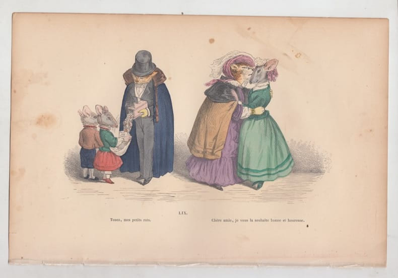 LES METAMORPHOSES DU JOUR : GRAVURE ANCIENNE COULEURS CARICATURE - Tenez mes petits rats ...... GRANDVILLE (Jean-Ignace-Isidore G&eacute;rard, dit).