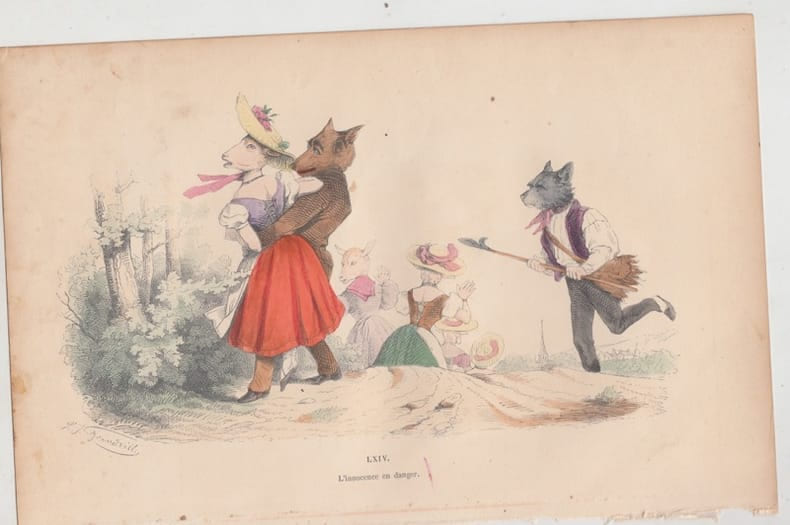 LES METAMORPHOSES DU JOUR : GRAVURE ANCIENNE COULEURS CARICATURE - L'innocence en danger.. GRANDVILLE (Jean-Ignace-Isidore G&eacute;rard, dit).