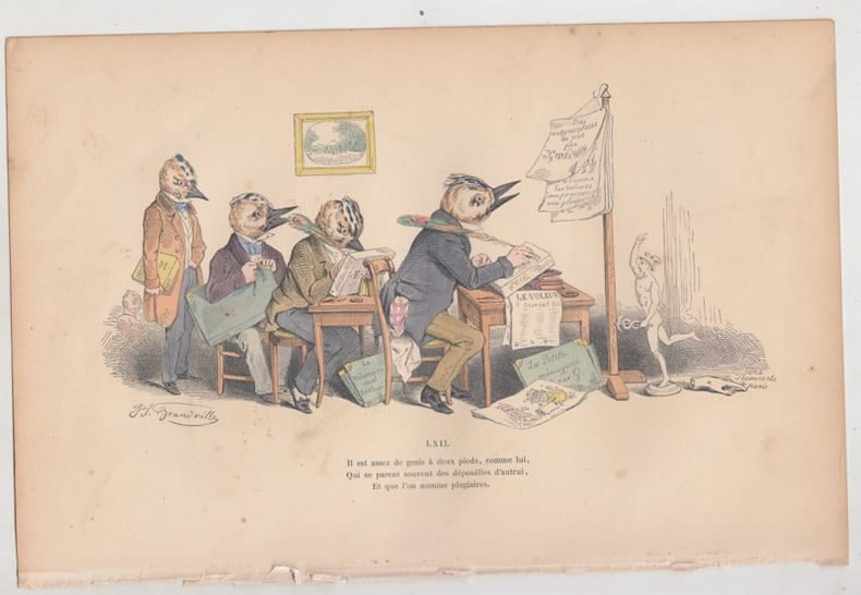 LES METAMORPHOSES DU JOUR : GRAVURE ANCIENNE COULEURS CARICATURE - Il est assez de geais &agrave; deux pieds comme lui, qui se parent souvent des d&eacute;pouilles ...