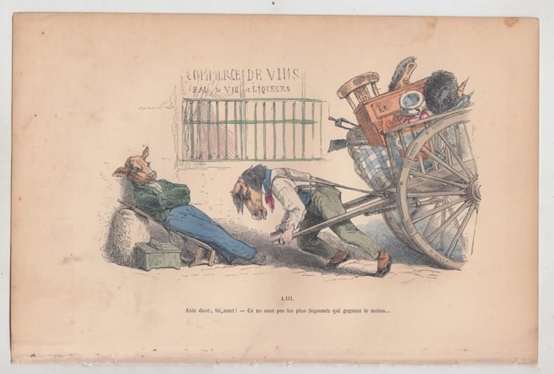 LES METAMORPHOSES DU JOUR : GRAVURE ANCIENNE COULEURS CARICATURE - Ahie donc,fei-nant,........ GRANDVILLE (Jean-Ignace-Isidore G&eacute;rard, dit).