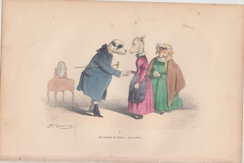 LES METAMORPHOSES DU JOUR : GRAVURE ANCIENNE COULEURS CARICATURE - UN mariage de raison...pour raison.. GRANDVILLE (Jean-Ignace-Isidore G&eacute;rard, dit).