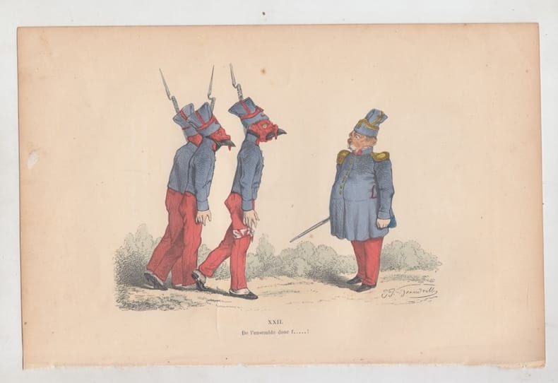 LES METAMORPHOSES DU JOUR : GRAVURE ANCIENNE COULEURS CARICATURE - "De l'ensemble donc f.! ". GRANDVILLE (Jean-Ignace-Isidore G&eacute;rard, dit).