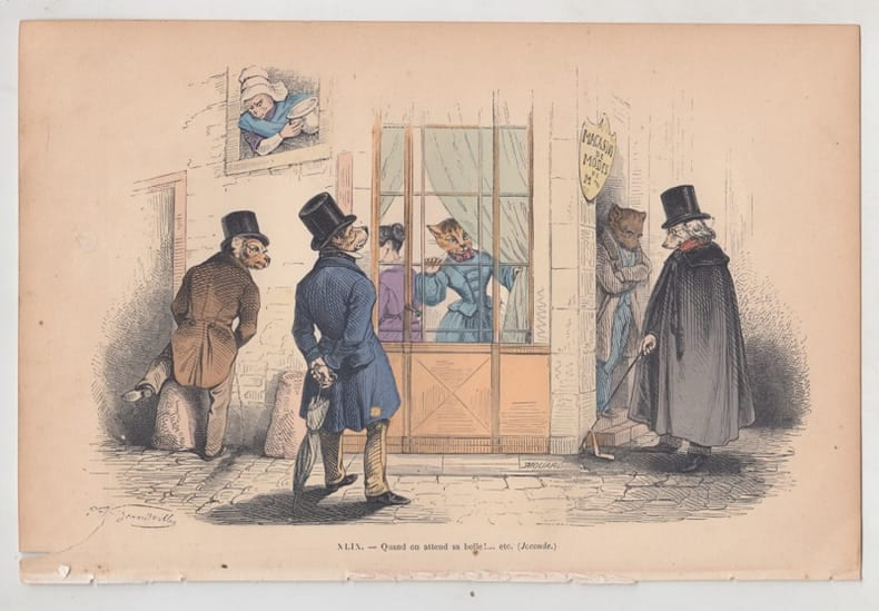 LES METAMORPHOSES DU JOUR : GRAVURE ANCIENNE COULEURS CARICATURE - Quand on attend sa belle..,etc.. GRANDVILLE (Jean-Ignace-Isidore G&eacute;rard, dit).