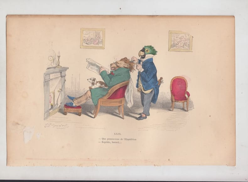 LES METAMORPHOSES DU JOUR : GRAVURE ANCIENNE COULEURS CARICATURE - "Que pensez vous de l'exp&eacute;dition ? exp&eacute;die, bavard." . GRANDVILLE ...