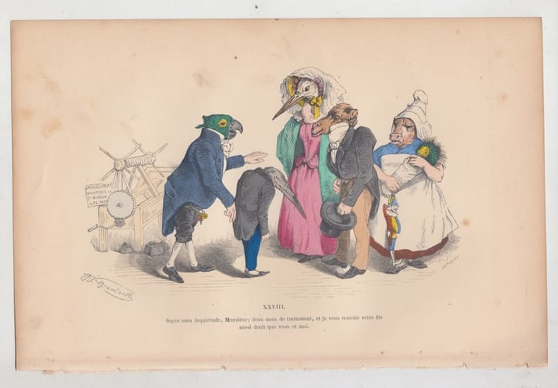 LES METAMORPHOSES DU JOUR : GRAVURE ANCIENNE COULEURS CARICATURE - "Soyez sans inqui&egrave;tude Monsieur, deux mois de traitement et je vous renvoie votre ...