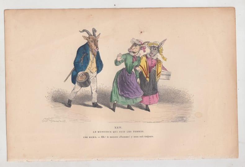 LES METAMORPHOSES DU JOUR : GRAVURE ANCIENNE COULEURS CARICATURE - "Le monsieur qui suit les femmes, une biche Oh ! le monstre d'homme ! y nous suit ...