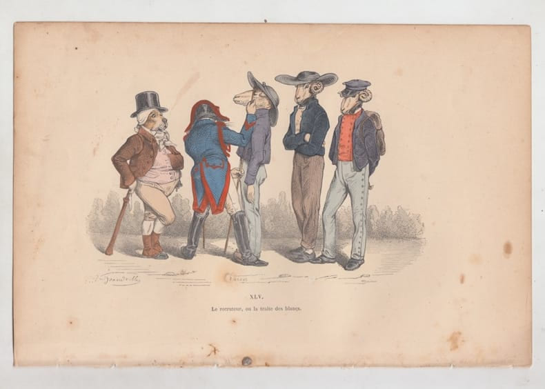 LES METAMORPHOSES DU JOUR : GRAVURE ANCIENNE COULEURS CARICATURE - "le recruteur ou la traite des blancs". GRANDVILLE (Jean-Ignace-Isidore G&eacute;rard, ...