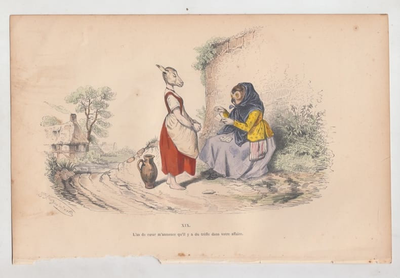 LES METAMORPHOSES DU JOUR : GRAVURE ANCIENNE COULEURS CARICATURE - "L'as de coeur m'annonce qu'il y a du tr&ecirc;fle dans votre affaire".. GRANDVILLE ...