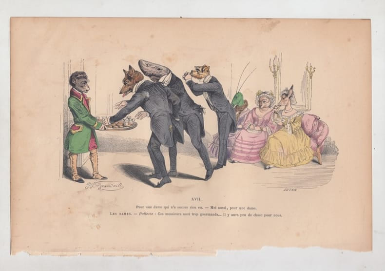 LES METAMORPHOSES DU JOUR : GRAVURE ANCIENNE COULEURS CARICATURE - "Pour une dame qui n' a encore rien eu. Moi aussi, pour une dame ! Les dames : ...