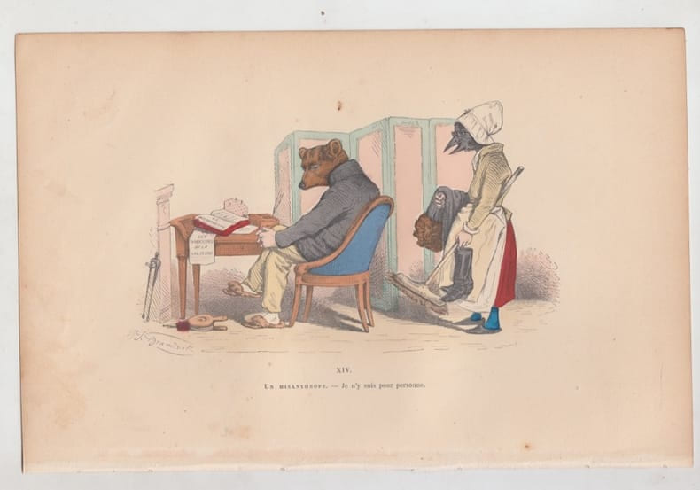 LES METAMORPHOSES DU JOUR : GRAVURE ANCIENNE COULEURS CARICATURE - "Un misanthrope je n'y suis pour personne".. GRANDVILLE (Jean-Ignace-Isidore ...