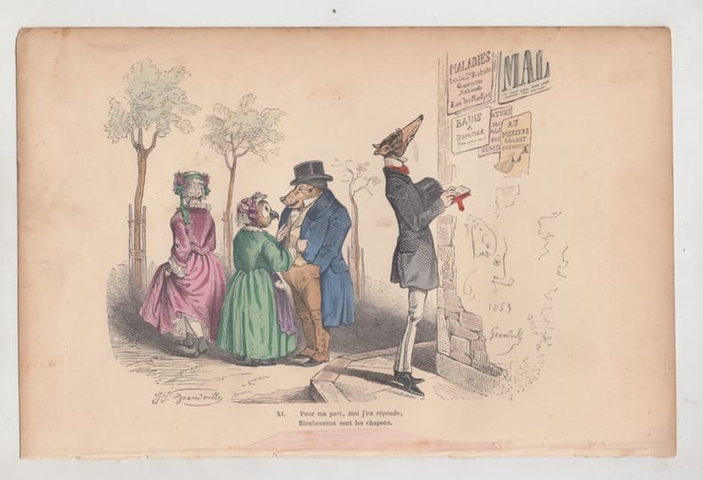 LES METAMORPHOSES DU JOUR : GRAVURE ANCIENNE COULEURS CARICATURE - "Pour ma part moi j'en r&eacute;ponds bienheureux sont les chapons".. GRANDVILLE ...