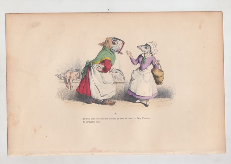 LES METAMORPHOSES DU JOUR : GRAVURE ANCIENNE COULEURS CARICATURE - "Va t'en donc chercher comme &ccedil;a avec ta sacr.face d'abl&egrave;te, ne m'avalez pas ! ".. ...