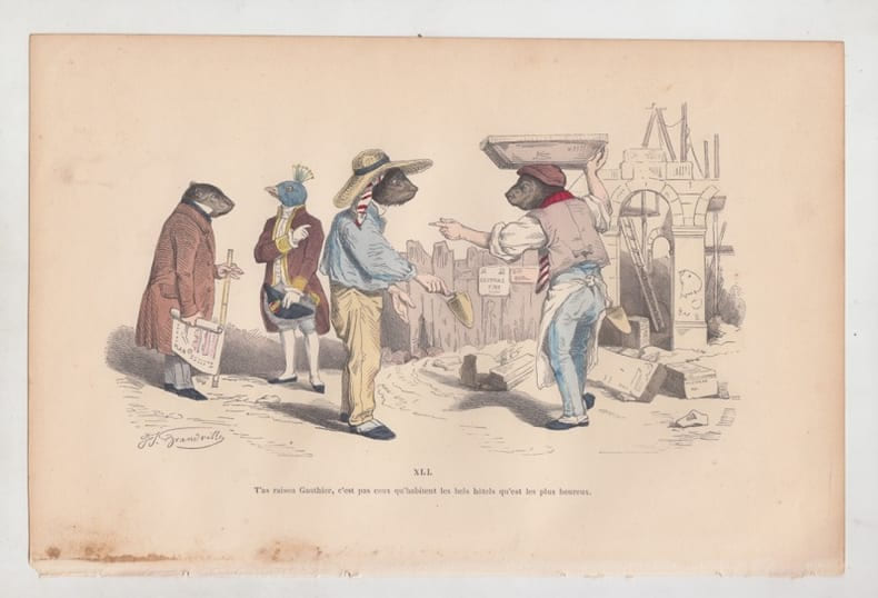 LES METAMORPHOSES DU JOUR : GRAVURE ANCIENNE COULEURS CARICATURE - "T'as raison Gauthier c'est pas ceux qu'habitent les bels h&ocirc;tels qu'est les plus ...