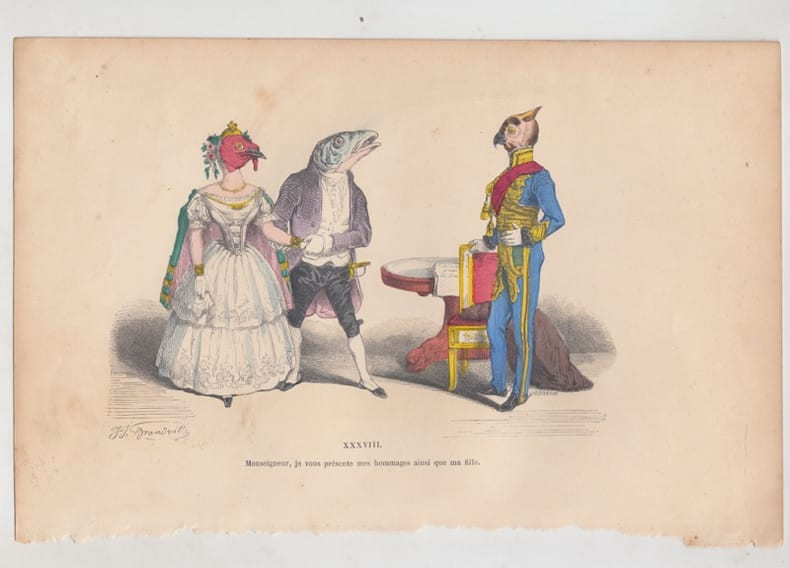 LES METAMORPHOSES DU JOUR : GRAVURE ANCIENNE COULEURS CARICATURE - "Monseigneur je vous pr&eacute;sente mes hommages ainsi que ma fille".. GRANDVILLE ...