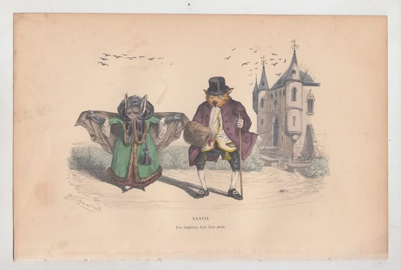 LES METAMORPHOSES DU JOUR : GRAVURE ANCIENNE COULEURS CARICATURE - "Les lumi&egrave;res leur font peur" . . GRANDVILLE (Jean-Ignace-Isidore G&eacute;rard, dit).
