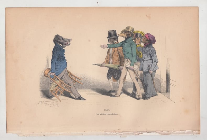 LES METAMORPHOSES DU JOUR : GRAVURE ANCIENNE COULEURS CARICATURE - "une vilaine commission".. GRANDVILLE (Jean-Ignace-Isidore G&eacute;rard, dit).