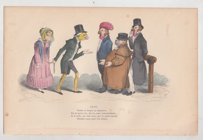 LES METAMORPHOSES DU JOUR : GRAVURE ANCIENNE COULEURS CARICATURE - "Vendre sa femme en Angleterre, est ce qu'on voit dit on assez commun&eacute;ment, je le ...