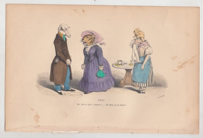 LES METAMORPHOSES DU JOUR : GRAVURE ANCIENNE COULEURS CARICATURE - "Ah ! elle te plait, monstre ! Eh bien je la chasse ! ".. GRANDVILLE ...